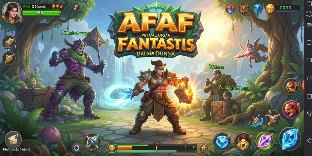 Screenshot utama AFAF menunjukkan karakter dalam pertempuran RPG yang epik.