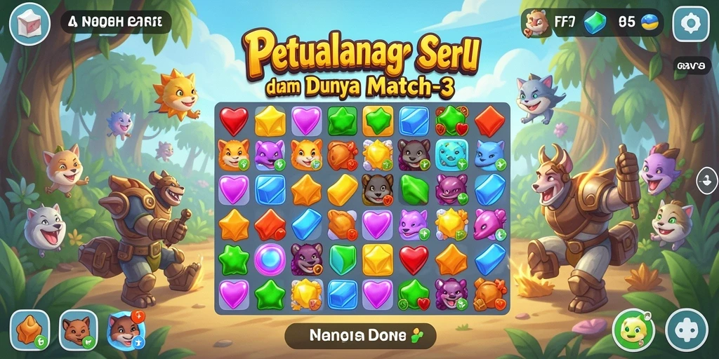 Tampilan permainan match-3 yang penuh warna dan menarik.