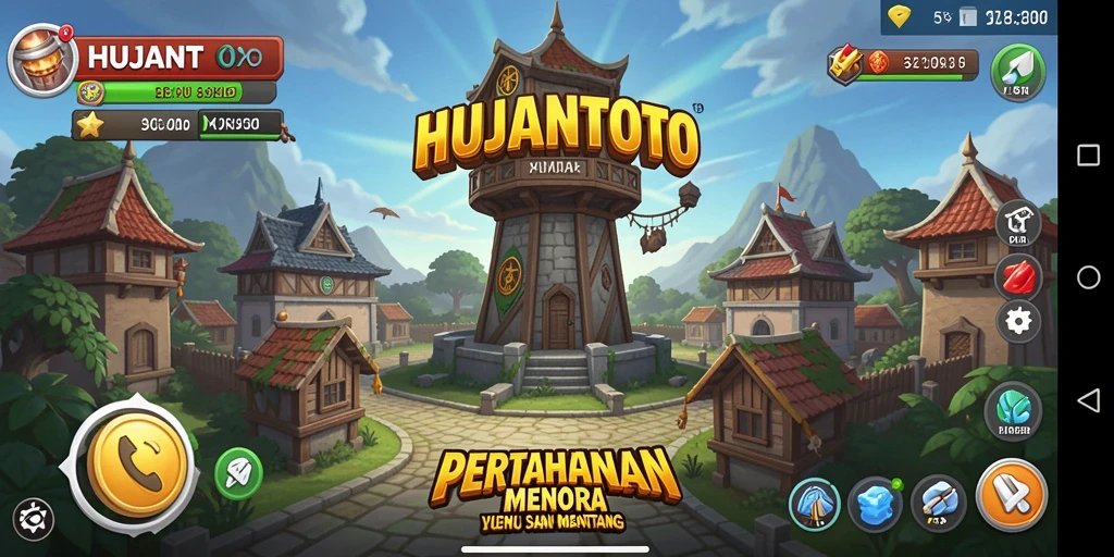 Tangkapan layar gameplay HUJANTOTO menampilkan pertahanan menara yang strategis.