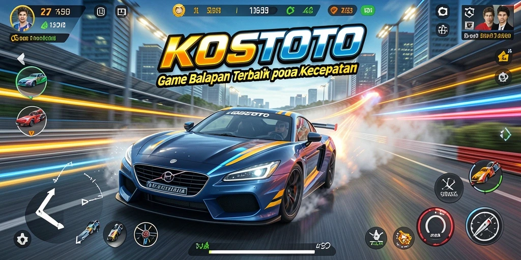 Screenshot utama KOSTOTO menampilkan mobil balap sedang beraksi di trek balap yang menegangkan.