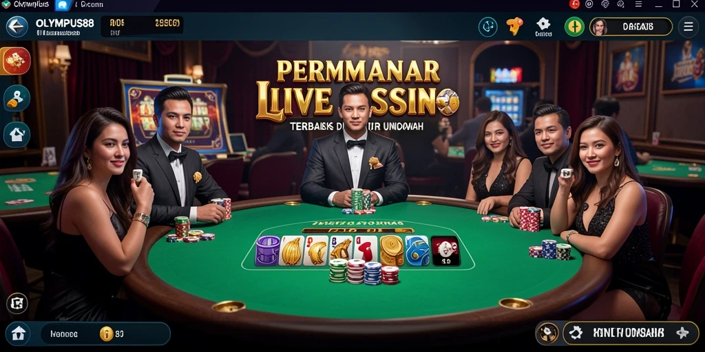 Screenshot gameplay menarik dari OLYMPUS88, menampilkan dealer langsung dan interaksi permainan.