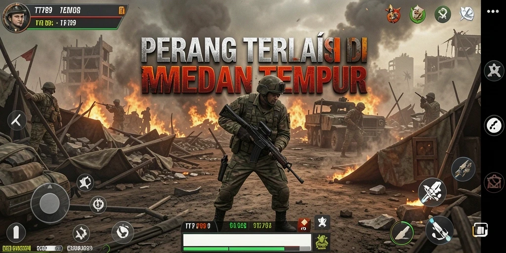 Screenshot TT789 menampilkan aksi pertempuran intens dalam Battle Royale.